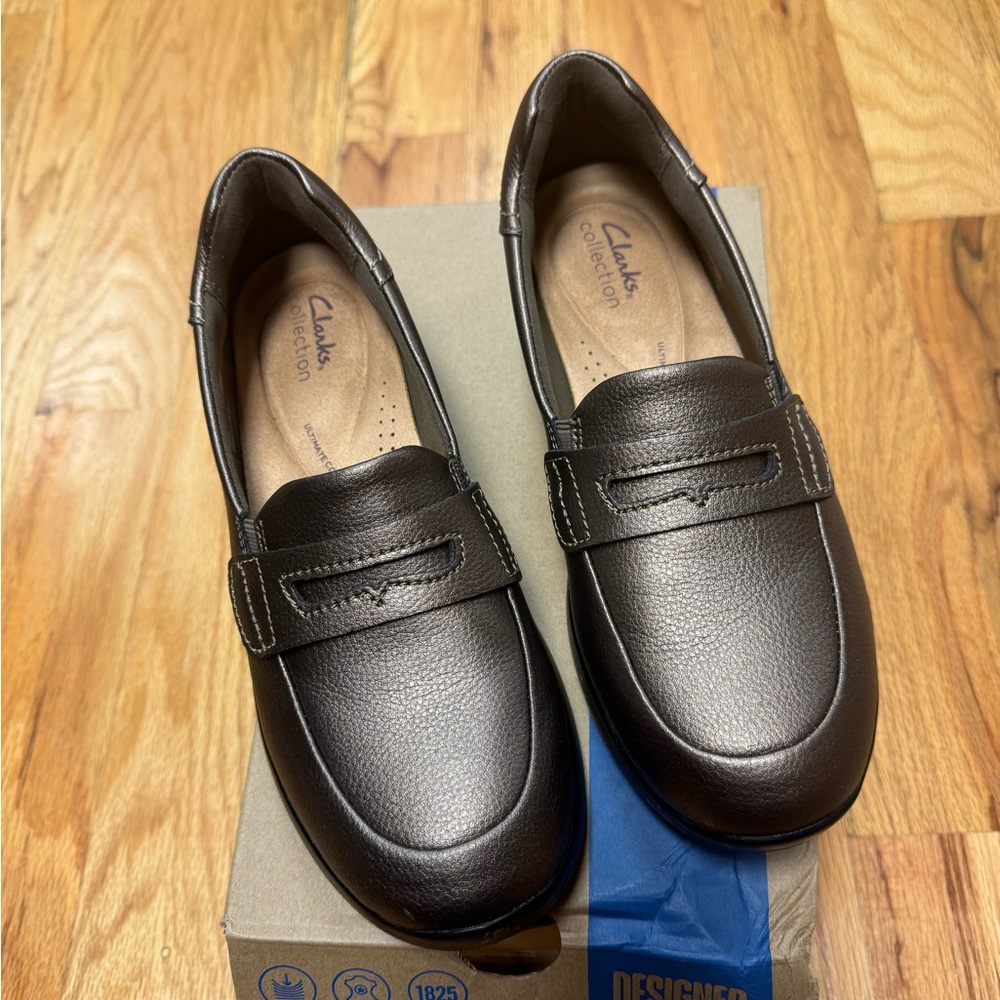 Clarks Bronze Metallic Ellowyn Leather Slip-On Shoes Size 8.5